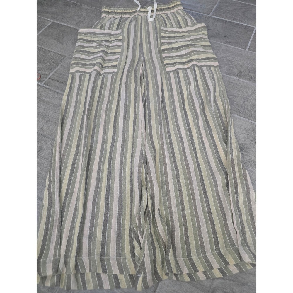 Free People Jones Beach Womens Striped Wide Leg Cotton Pants Green Cream‎ Small - Picture 2 of 10